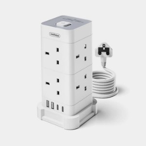 25% Off Tower Extension Lead With Usb, Power Surge Protection 2m Cable White